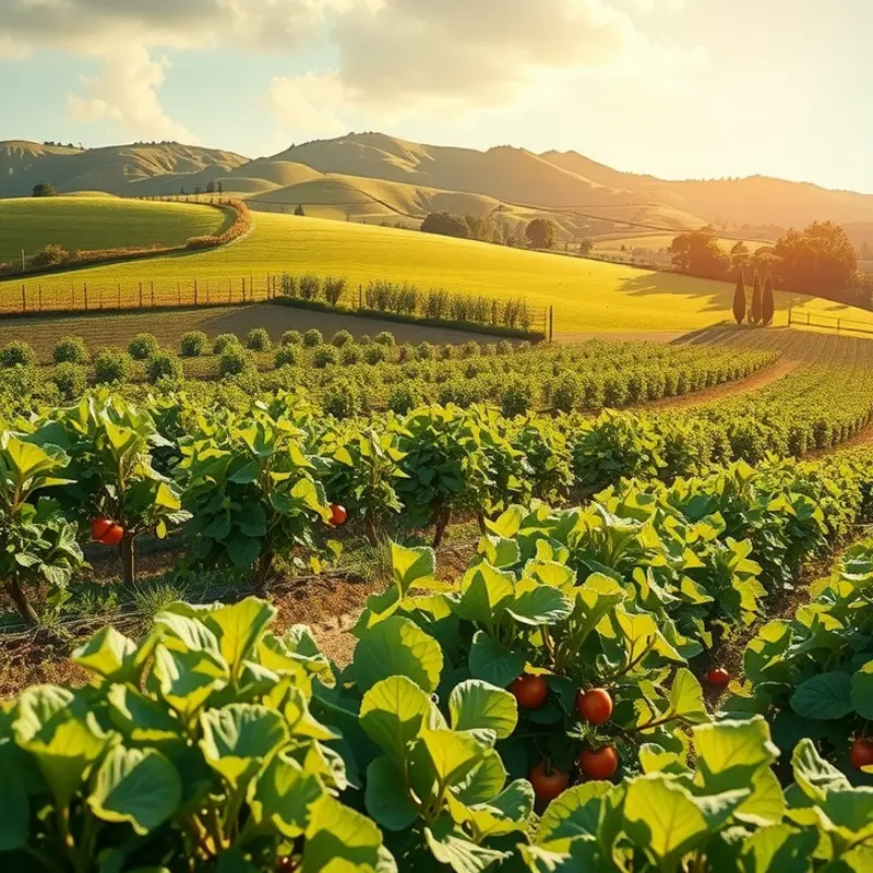 A vibrant, sunlit field illustrating fresh organic produce.