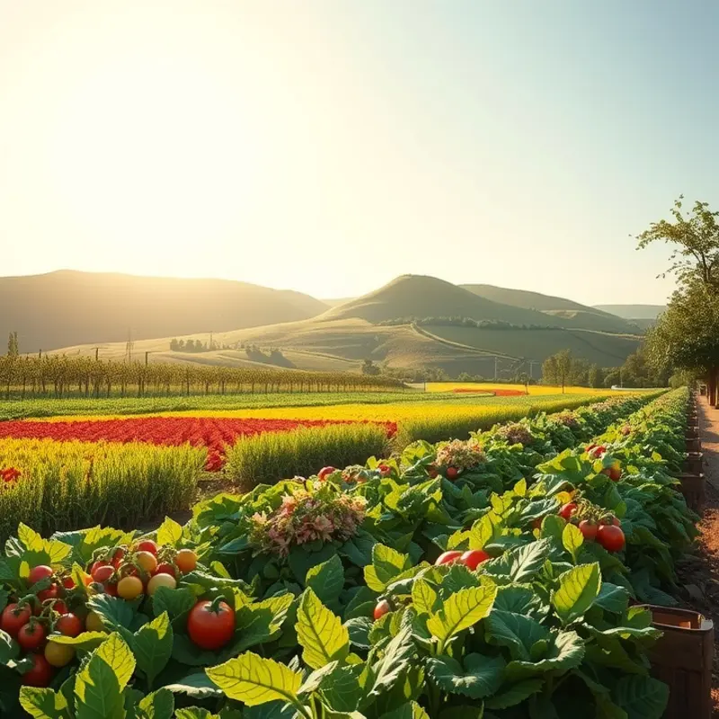 A sunlit field showcasing lush vegetables and fruits.