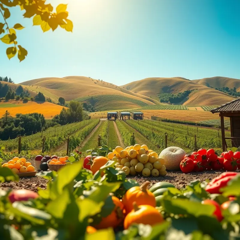 A sunlit field filled with vibrant vegetables and fruits, representing the freshness of organic produce.