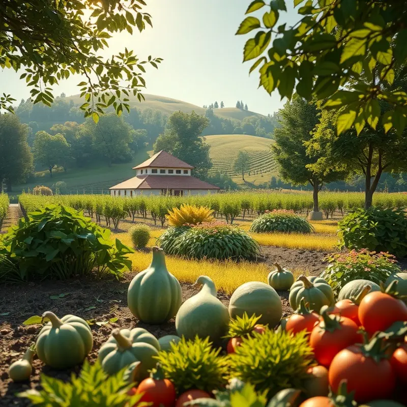 A vibrant, sunlit field filled with organic vegetables and fruits.