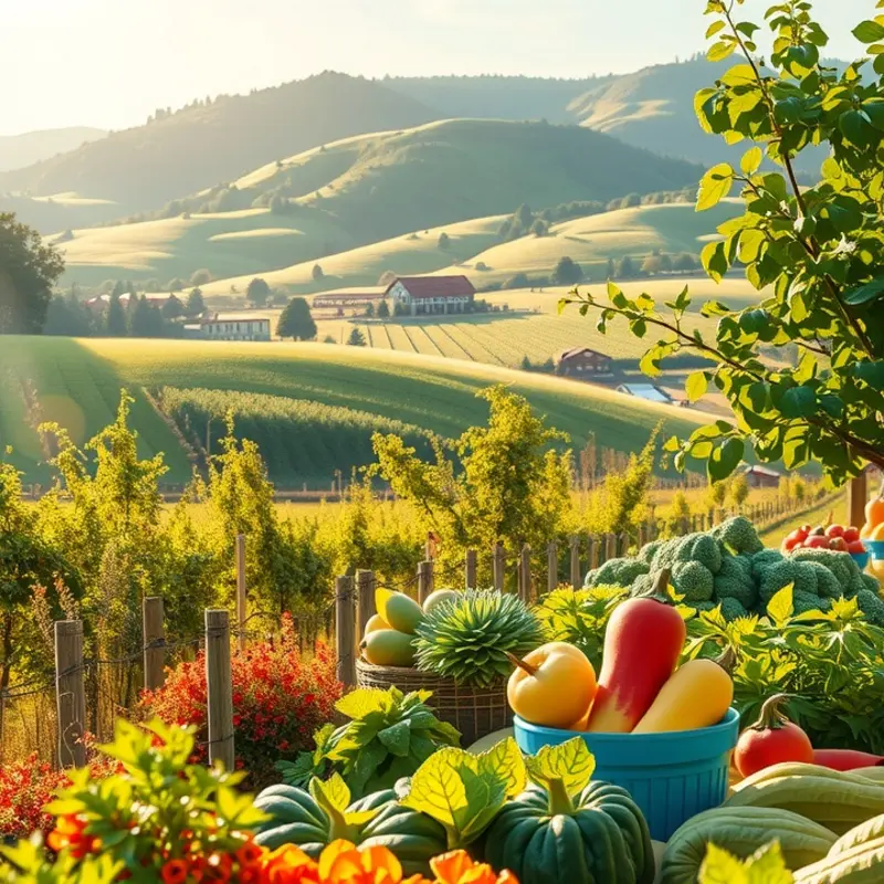 A sunlit field bursting with vibrant vegetables and fruits, symbolizing the freshness of pickling ingredients.