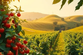 A scenic orchard filled with lush greenery and vibrant vegetables under warm sunlight, illustrating the beauty of nature.