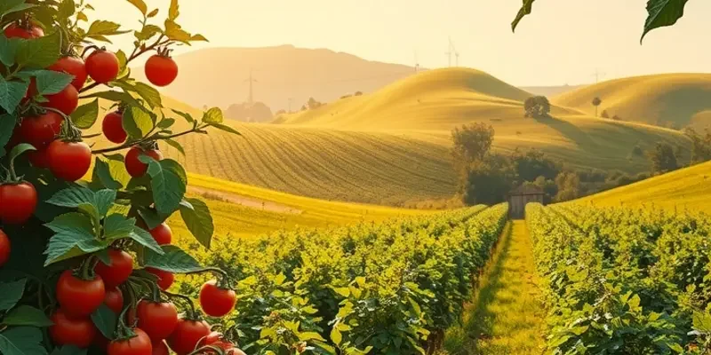 A scenic orchard filled with lush greenery and vibrant vegetables under warm sunlight, illustrating the beauty of nature.