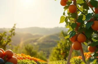 A serene sunlit orchard filled with fresh organic vegetables and fruits, emphasizing natural abundance.