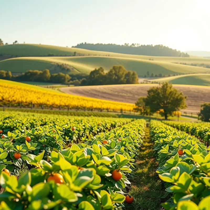 A vibrant orchard filled with lush fruits under warm sunlight.