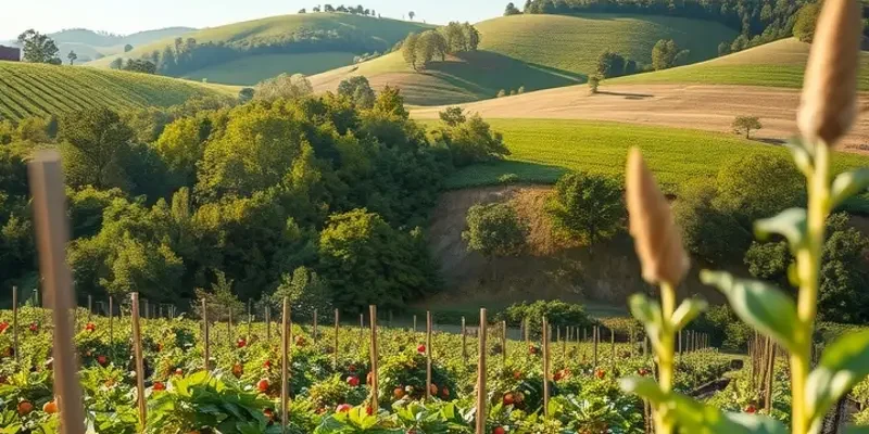 A bright and vibrant field showcasing various organic fruits and vegetables.