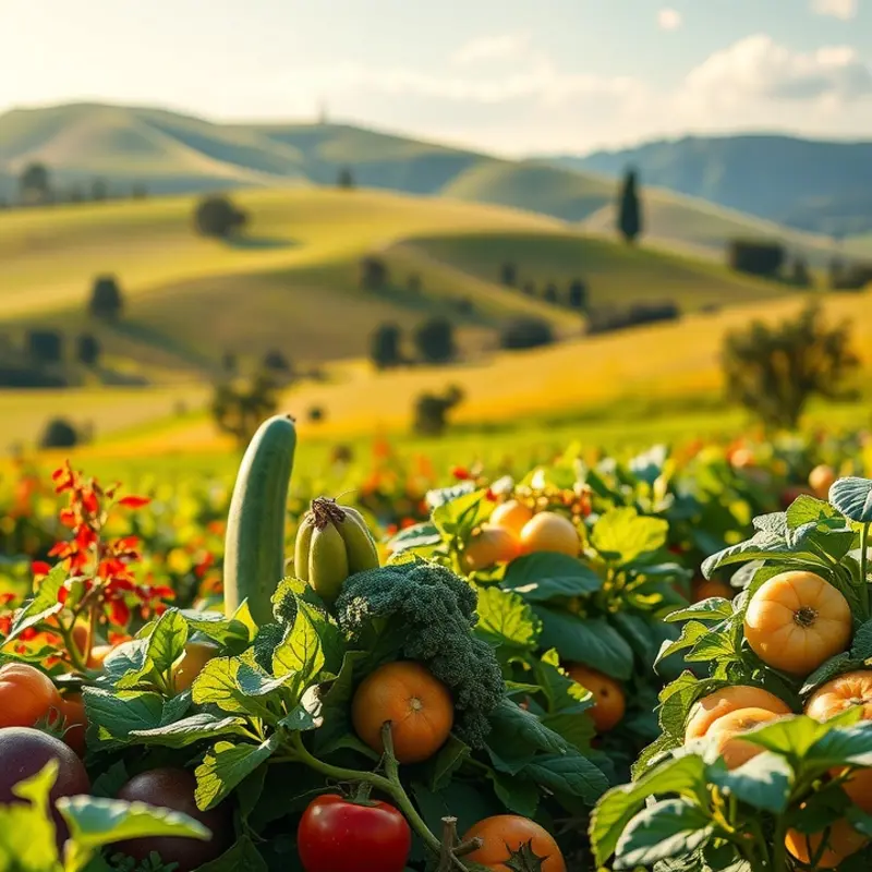 A sunlit field showcasing vibrant fruits and vegetables in a natural setting.