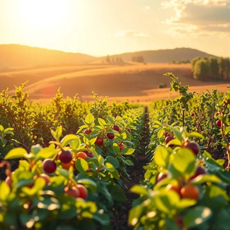A sunlit organic field filled with vibrant vegetables and fruits.