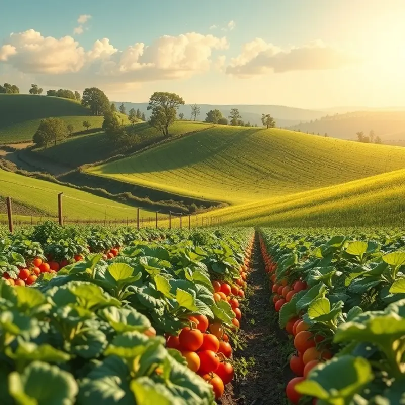 A sunlit field with vibrant organic produce under warm lighting.