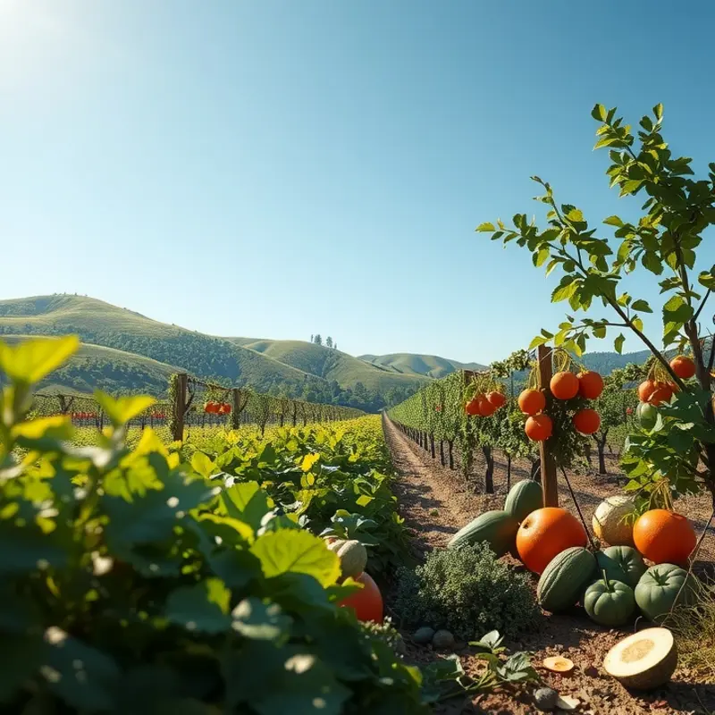 A sunlit field showcasing a variety of organic fruits and vegetables, representing health and abundance.