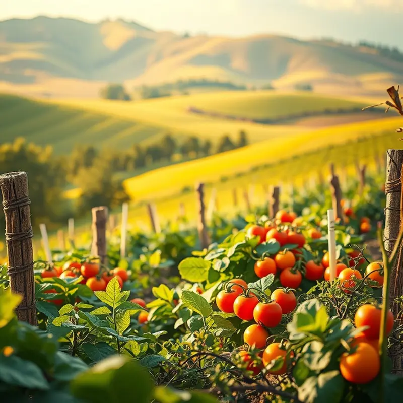 A vibrant sunlit field showcasing fresh fruits and vegetables in a natural setting.