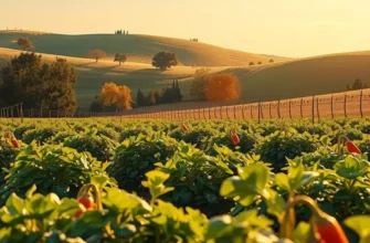 A scenic view of a sunny field with various fresh organic vegetables and fruits surrounded by lush greenery.