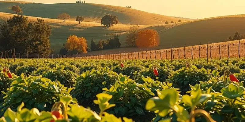 A scenic view of a sunny field with various fresh organic vegetables and fruits surrounded by lush greenery.