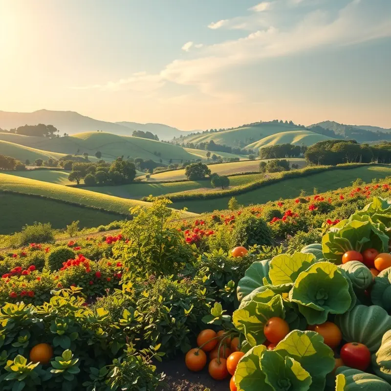 A vibrant sunlit field filled with organic vegetables and fruits.