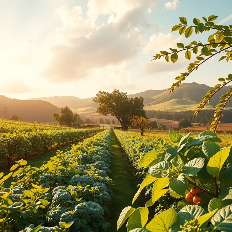 A lush organic landscape filled with vibrant vegetables and fruits.