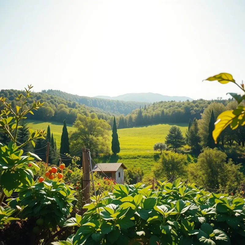 A lush landscape showcasing vibrant fruits and vegetables in a sunlit field.