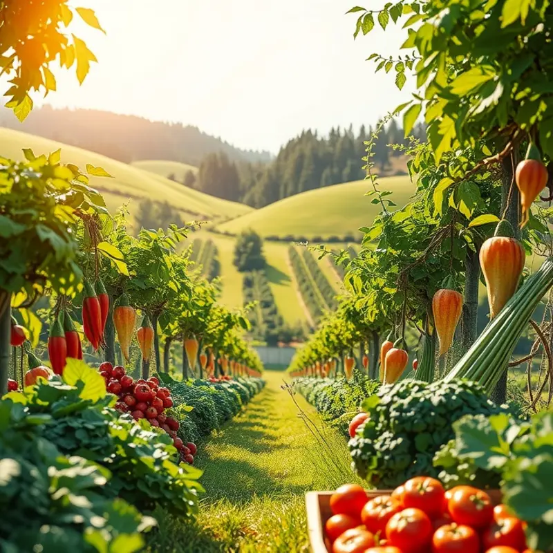 A vibrant sunlit orchard filled with organic produce represents freshness.