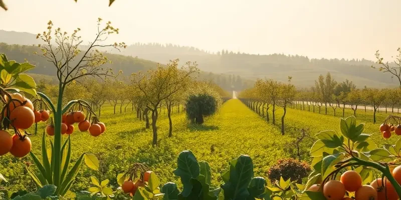 A beautiful landscape showcasing vibrant organic vegetables and fruits.