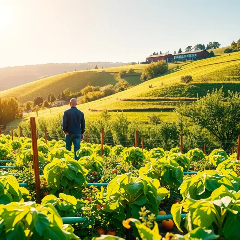 A serene sunlit field with vibrant fruits and vegetables, showcasing the beauty of organic produce.