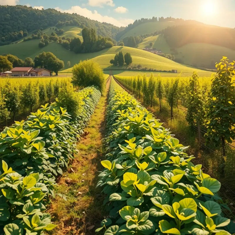 A sunlit field showcasing a variety of vibrant organic produce.
