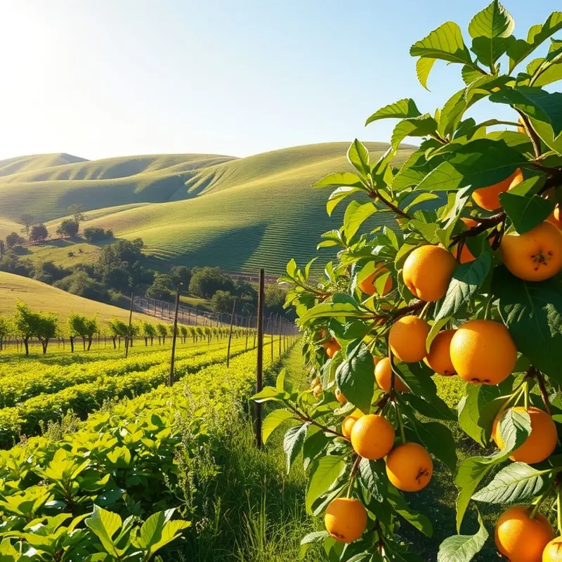 A sunlit field showcasing abundant organic produce in a peaceful landscape.