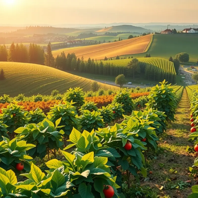 A sunlit field showcasing the abundance of organic vegetables and fruits.