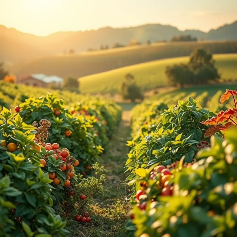 A sunlit field showcasing vibrant organic vegetables and fruits.