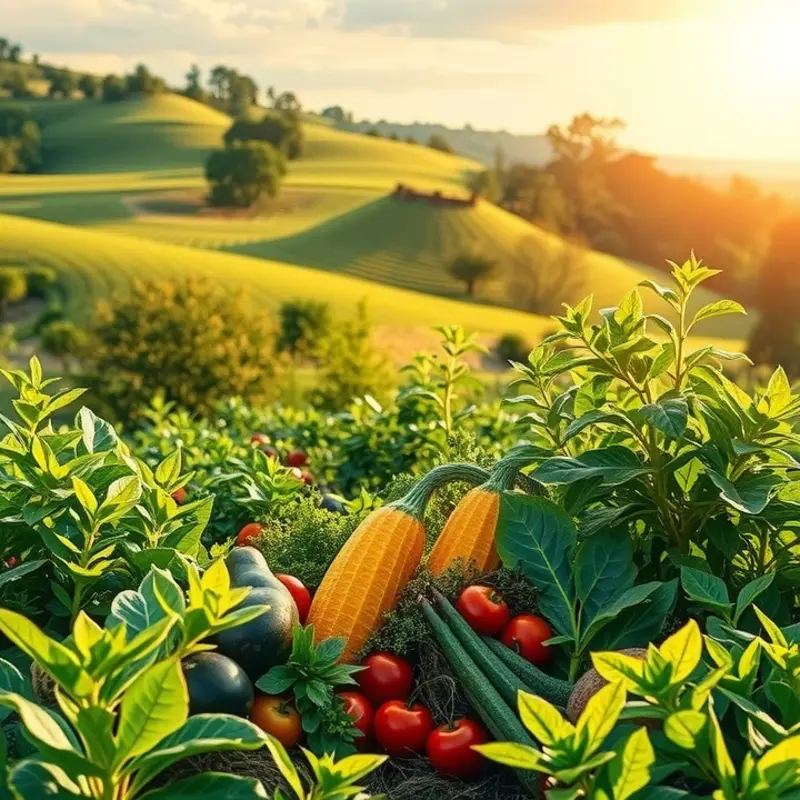 A vibrant field filled with fresh organic produce under soft sunlight.
