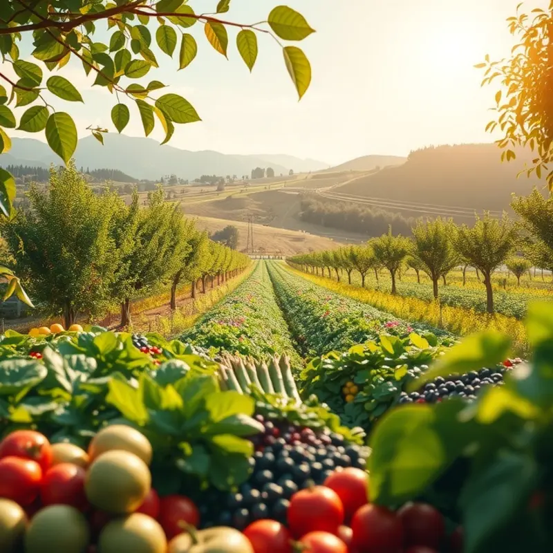 A serene sunlit field showcasing vibrant organic produce.