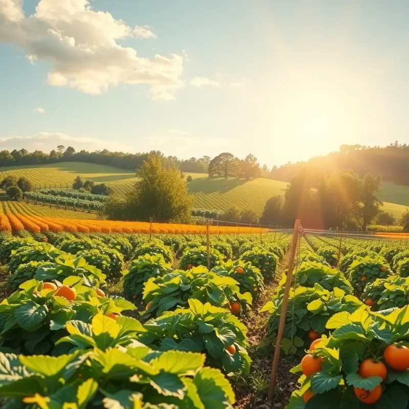 A sunlit field showcasing vibrant vegetables and fruits, symbolizing nature’s bounty.