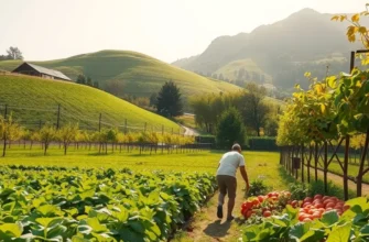 Scenic sunlit field abundant with organic vegetables and fruits.