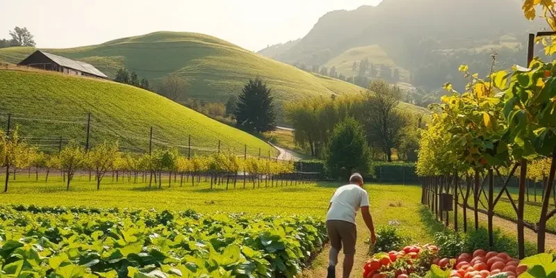 Scenic sunlit field abundant with organic vegetables and fruits.