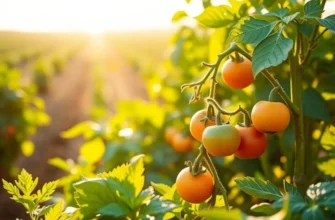 Sunlit field filled with colorful organic fruits and vegetables among green hills.