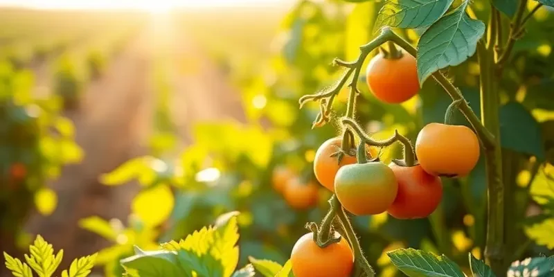 Sunlit field filled with colorful organic fruits and vegetables among green hills.