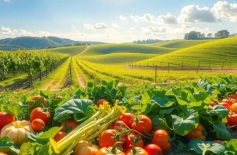 A bright and serene landscape filled with vibrant organic vegetables and fruits.