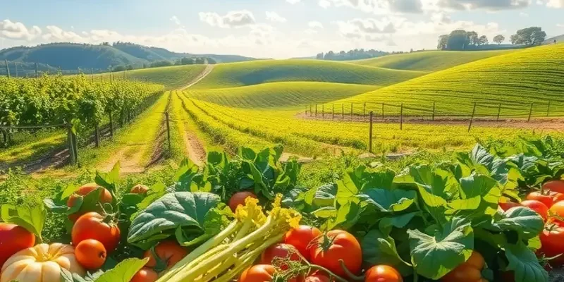 A bright and serene landscape filled with vibrant organic vegetables and fruits.