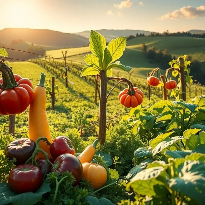 A vibrant landscape of organic fruits and vegetables under soft sunlight.