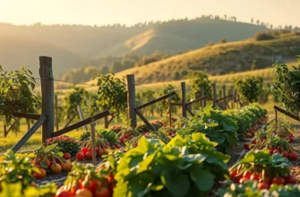 A scenic view of a sunlit field filled with organic fruits and vegetables.