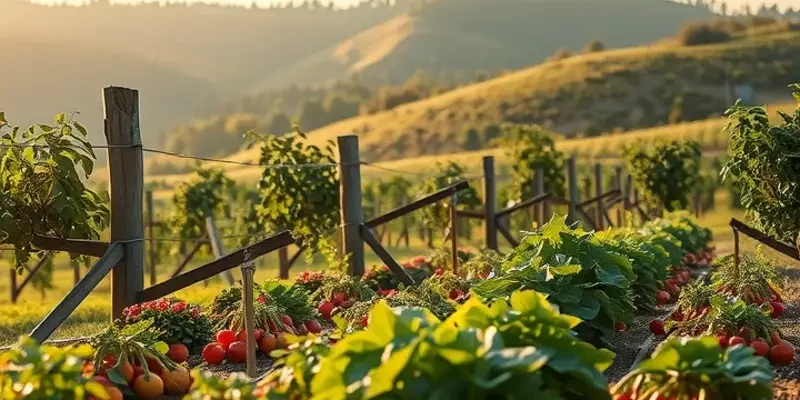 A scenic view of a sunlit field filled with organic fruits and vegetables.