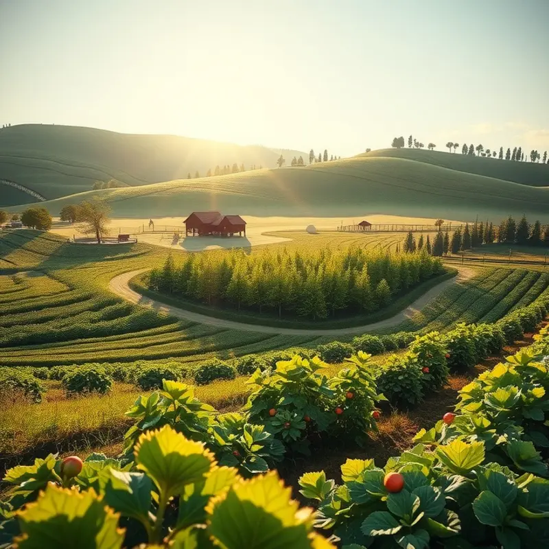 A serene sunlit field showcasing nature’s bountiful vegetables and fruits.
