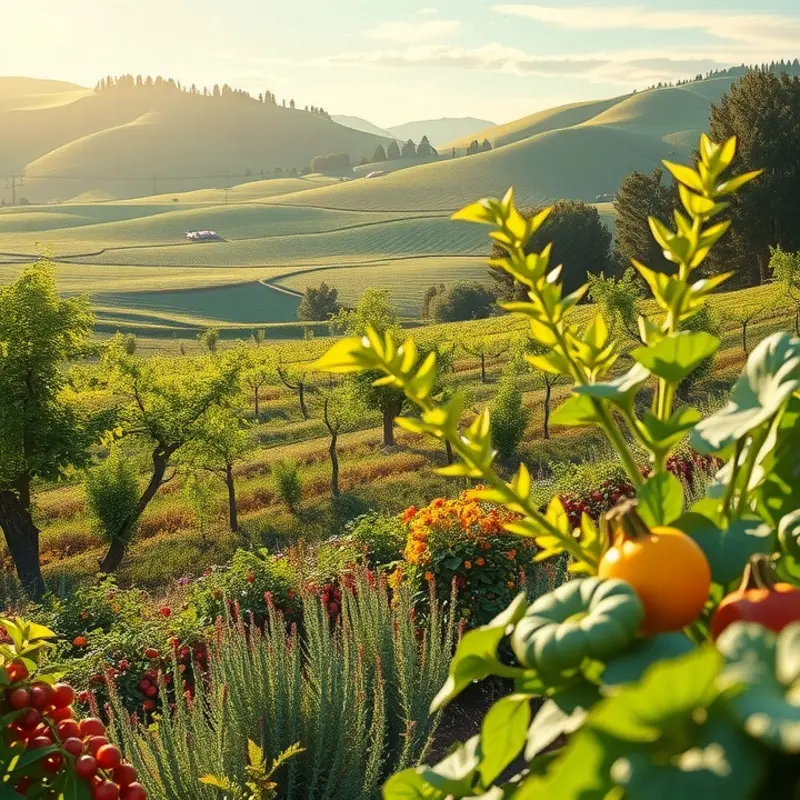 A serene sunlit field showcasing the abundance of organic produce.