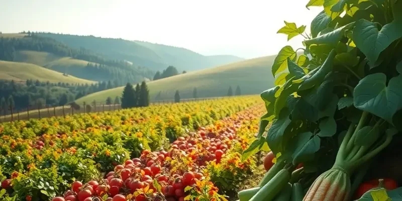 A bright field displaying a variety of vibrant organic vegetables and fruits.