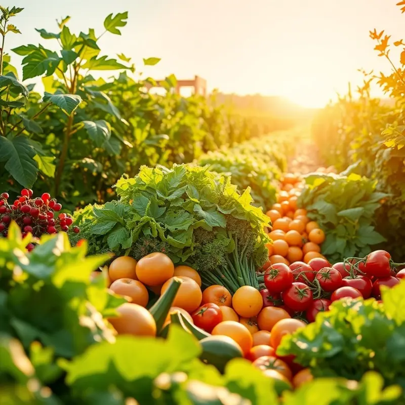 A sunlit field showcasing a variety of vibrant vegetables and fruits.