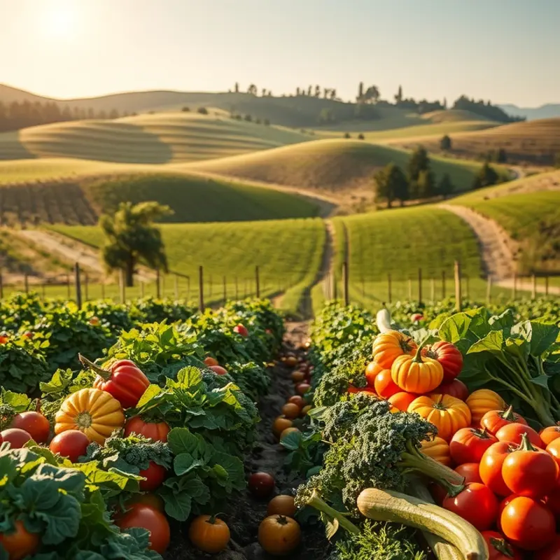 A vibrant sunlit landscape showcasing fresh vegetables and fruits.