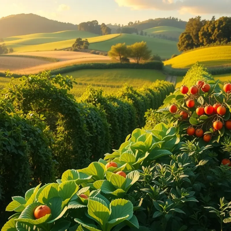 A sunlit field showcasing vibrant vegetables and fruits that symbolize freshness and health.