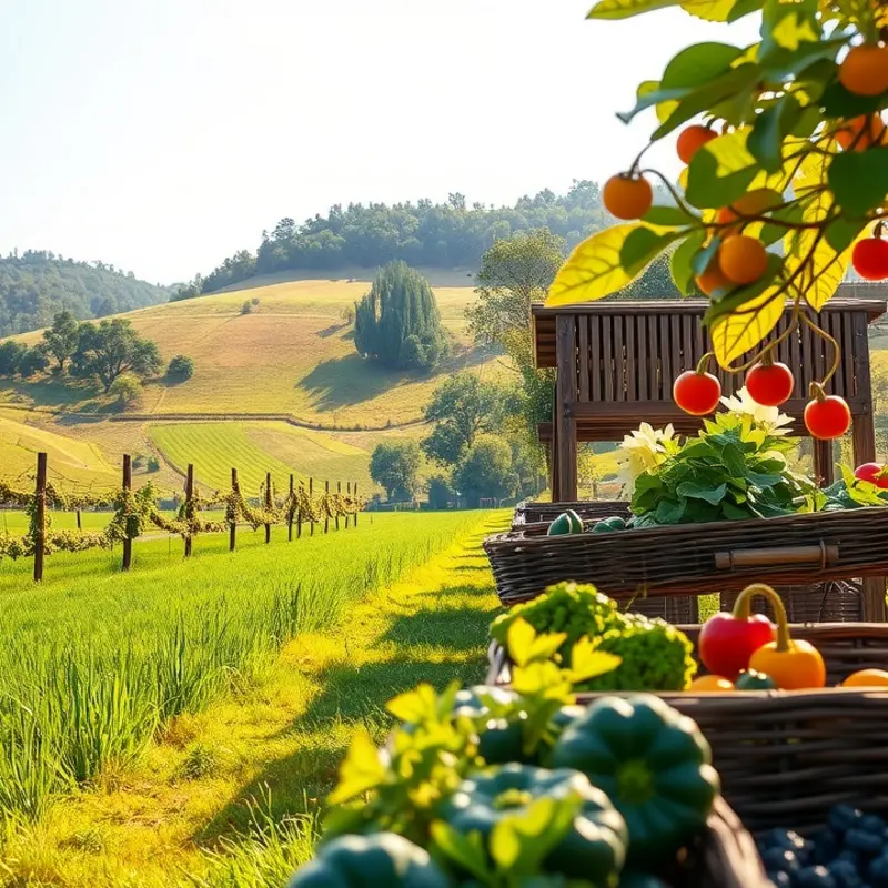 A vibrant sunlit field showcasing a variety of vegetables and fruits.