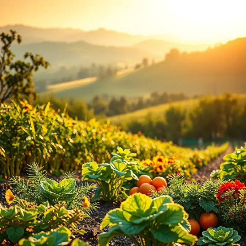 A tranquil sunlit field filled with vibrant vegetables and fruits.