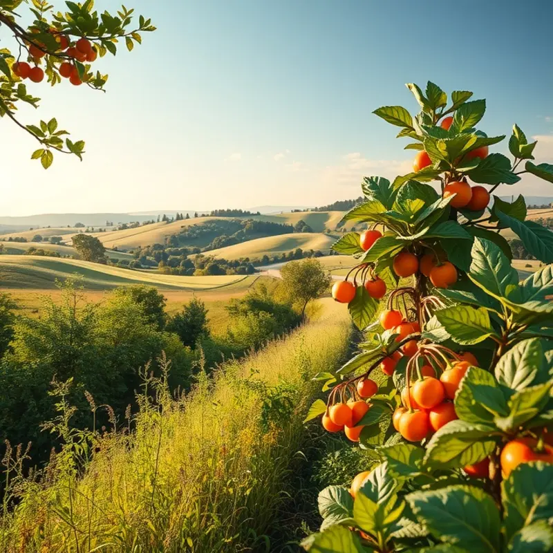 A sunlit field showcasing the vibrance of organic fruits and vegetables.