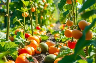 A scenic sunlit field abundant with a variety of organic fruits and vegetables amidst lush greenery.