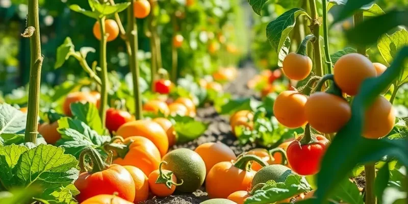 A scenic sunlit field abundant with a variety of organic fruits and vegetables amidst lush greenery.